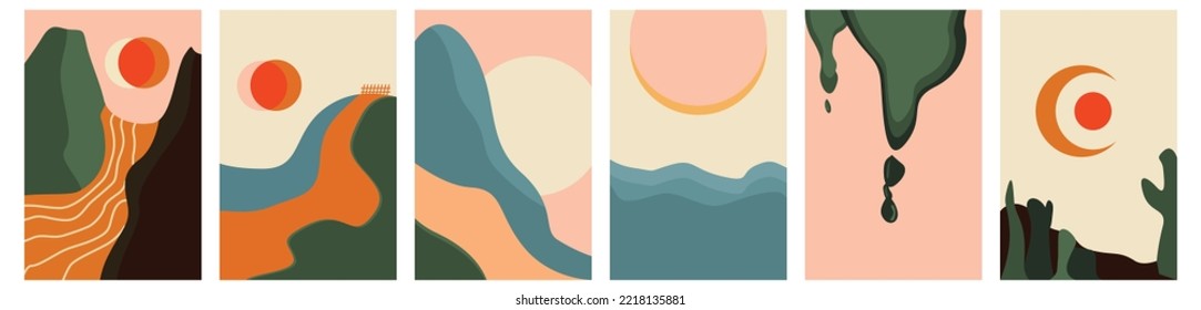 Mountain view, river. Hills, clouds, sun, moon. Paper cut style. Flat abstract design. Set of six hand drawn trendy Vector illustrations. Cool Background
