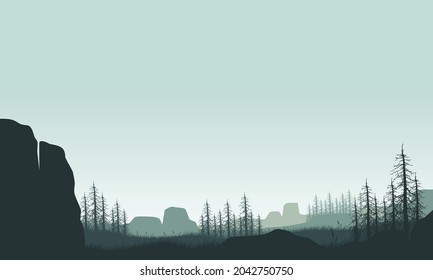 The mountain view from the riverbank at a beautiful night with the silhouette of pine trees around it. Vector illustration of a city