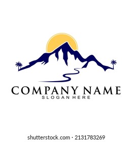 Mountain view with road and sun vector logo