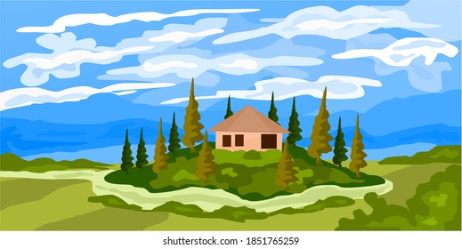 Vista de montaña con una pequeña casa en medio de la pradera junto con un cielo claro y hermosas nubes blancas
