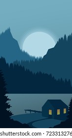 Mountain view with small and warm cabin in it.