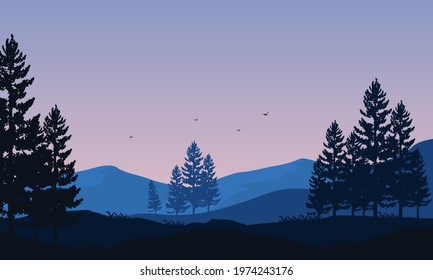 Mountain view with stunning silhouettes of pine trees from the edge of the city at dawn. Vector illustration of a city