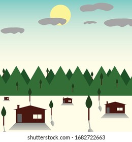 Mountain view with sun in day time. Some houses and trees in design. It is like a painting. Geometrical shapes oval, triangle.  Fully vector file. Air fresh concept. Light an dark color combination. 