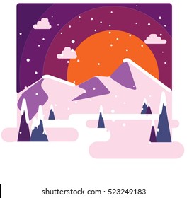Mountain view with sunset. Vector illustration.