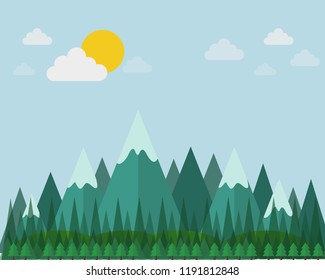 Mountain view and sunshine, flat design, vector illustration.
