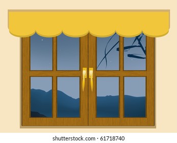 Mountain view through a wooden window
