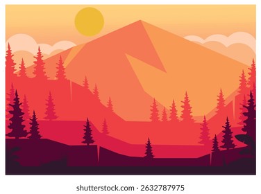 Mountain view vector landscape. Beautiful mountain top view with evening atmosphere
