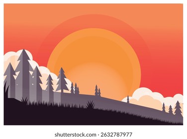 Mountain view vector landscape. Beautiful mountain top view with evening atmosphere