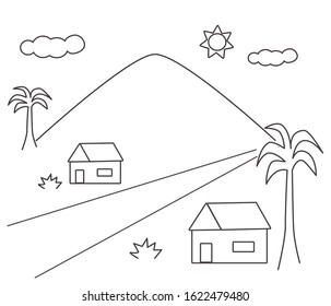 Mountain view from village with two houses, grass, tree, sun, and clouds illustration for coloring sheet printable for kid. Coloring book page for fun. Cute design for education