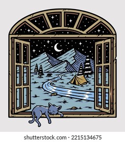 mountain view from the window at night illustration