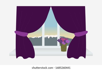 Mountain view from the window, snow on peak, vector art. 