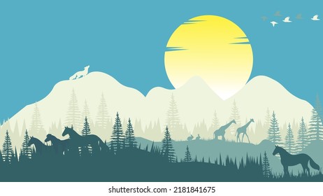Mountain view with wolf, horse, rabbit, in forest and fir trees