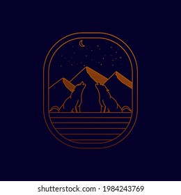 mountain view wolves,moon,stars,isolated monoline vector illustration