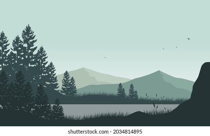 Mountain views with aesthetic silhouettes of pine trees from the river bank at sunrise in the morning. Vector illustration of a city
