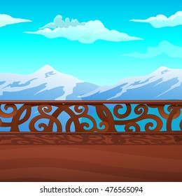 Mountain views from the balcony with ornate balustrade. Vintage architecture. Vector cartoon close-up illustration.