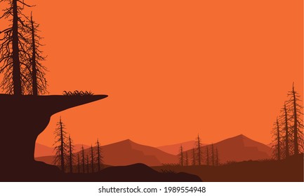 Mountain views with beautiful silhouettes of pine trees in the countryside in the evening. Vector illustration of a city