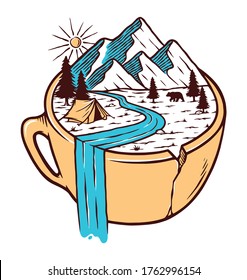 Mountain views in cup vector illustration
