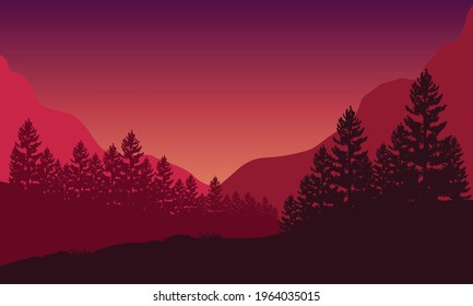 Mountain views with the dramatic forest under a beautiful night sky. Vector illustration of a city