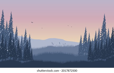 Mountain views with magnificent pine tree silhouettes from out of the city at sunrise in the morning. Vector illustration of a city