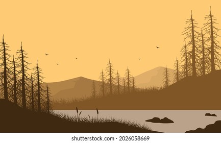 Vistas a la montaña con magníficas siluetas de pinos de la orilla del río al atardecer por la tarde. Ilustración vectorial de una ciudad