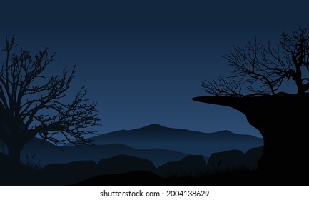 Mountain views with stunning dry tree silhouettes at night from the outskirts of the city. Vector illustration of a city