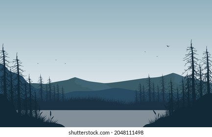 Mountain views with stunning silhouettes of pine trees in the morning from the lakeside. Vector illustration of a city