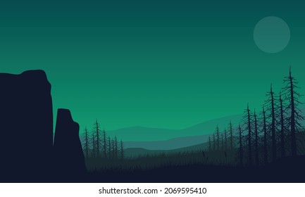 Mountain views with stunning silhouettes of pine trees at night from the out of the city. Vector illustration of a city