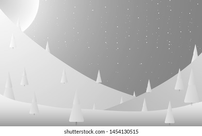 mountain views and trees illuminated by moonlight on a cold night