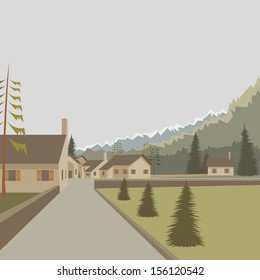 Mountain village background. Spring landscape, vector illustration