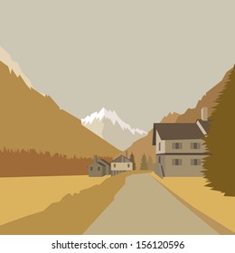 Mountain village background, vector illustration