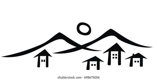 Mountain village, black and white vector icon