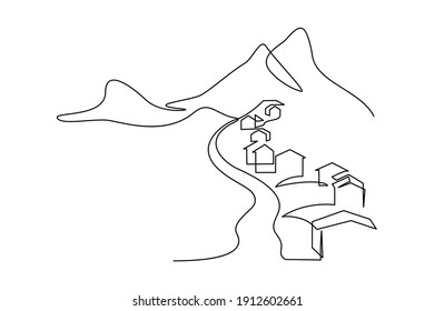 Mountain village in continuous line art drawing style  Landscape road going through country settlement surrounded by mountains minimalist black linear sketch white background  Vector illustratio