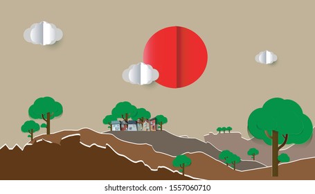 Mountain village landscape with trees and pure air.paper art style illustration.
