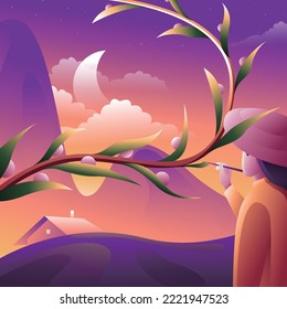 Mountain village nature landscape with women. In the evening moon, the female artist in a hat uses a brush to paint leaves, some plants, a house, a mountain. Cartoon vector background