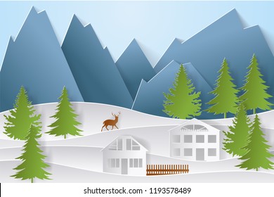 Mountain village with paper art style in color. Landscape city with people for Christmas postcard. vector illustration.