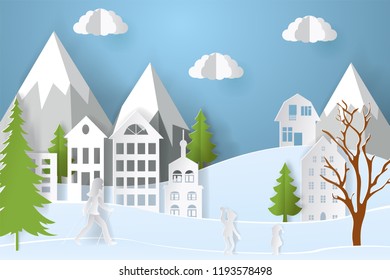 Mountain village with paper art style in color. Landscape city with people for Christmas postcard. vector illustration.