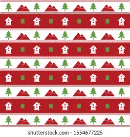 Mountain and the village seamless pattern ornament. Seamless winter background.