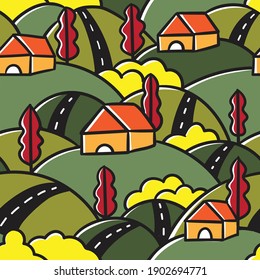 colorido vector de patrón ininterrumpido de pueblo de montaña