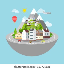 Mountain village and town road micro planet travel concept. Flat style web site icon vector illustration.