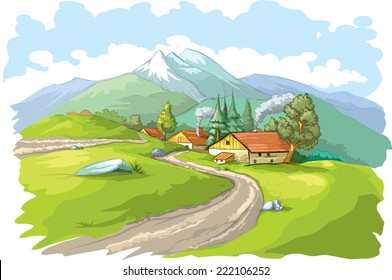 Mountain village - vector art illustration.