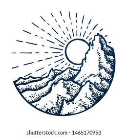 Mountain vintage circle emblem. Rock peak and sun. Outdoor activity travel, tourism. Hand drawn engraved illustration for poster, badge, card design. Vector concept isolated on white background.