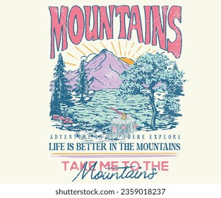 Diseño de montaña vintage. La vida es mejor en la montaña. Diseño gráfico de aventura al aire libre.