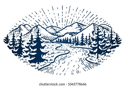 Mountain vintage emblem. Fir forest, clouds, trees, snake river and sunshine. Outdoor activity travel, tourism. Hand drawn engraved illustration for design. Vector badge isolated on white background.