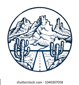 Mountain vintage emblem. Sketch of cactus in a dry desert. Stone mount and road. Outdoor activity travel, tourism badge. Hand drawn engraved illustration. Vector concept isolate on white background.