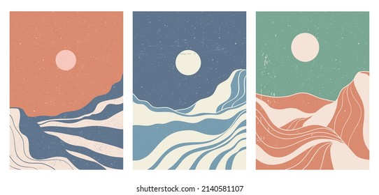 Mountain vintage. Mid century modern minimalist art print on set. Abstract contemporary aesthetic backgrounds landscapes. vector illustrations