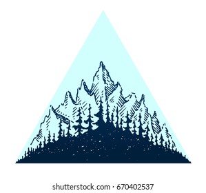 Mountain vintage triangular vector emblem with forest, trees. Outdoor activity travel symbol. Hand drawn engraved illustration for poster, tattoo and card design. Concept isolated on white background.
