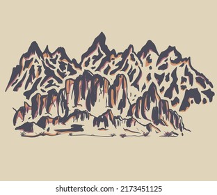 Mountain vintage vector print design. Hill illustration t-shirt design. Hand sketch graphic print artwork for apparel, stickers, posters, background and others.