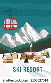 Mountain vintage winter resort village Alps, Switzerland. Snow landscape peaks, slopes. Travel retro poster, vector illustration
