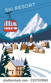 Mountain vintage winter resort village Alps, Switzerland. Snow landscape peaks, slopes with red gondola lift. Travel retro poster, vector illustration