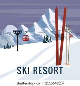 Mountain vintage winter resort village Alps, Switzerland. Snow landscape peaks, slopes with red gondola lift, with wooden old fashioned skis and poles. Travel retro poster